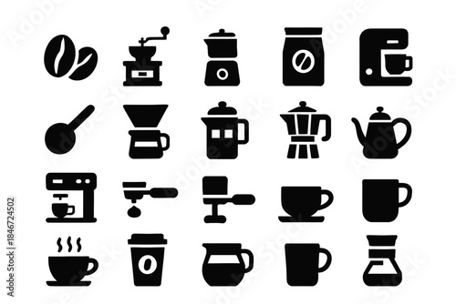 Coffee icon set: beans, grinders, brewing, mugs, espresso
