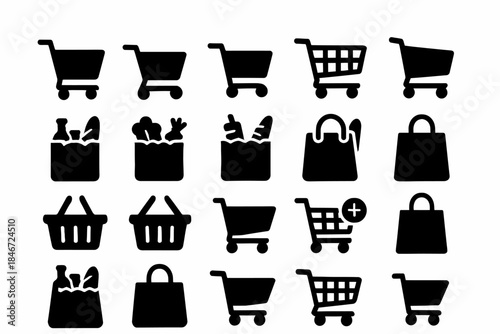 Shopping cart and bag icons set for grocery store and market design