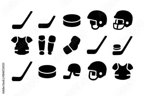 Silhouette icon set of ice hockey and american football equipment