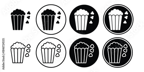 Black and white popcorn icons in various styles and backgrounds