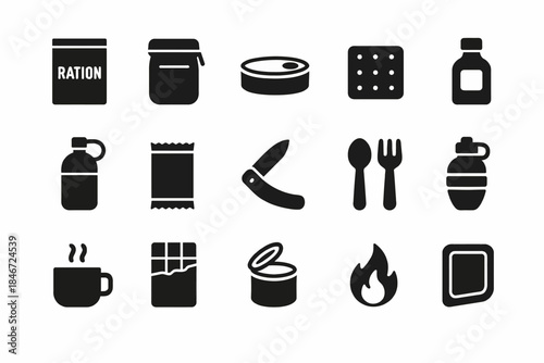 Black and white icons of camping tools and food supplies