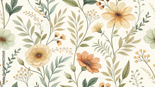 seamless vintage floral pattern realistic watercolor texture blooming garden flowers vector background 