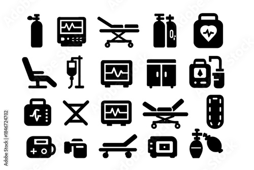 Medical equipment icons: monitors, stretchers, iv bags, cabinets, ventilators, defibrillators