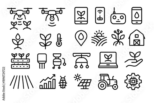 Smart agriculture icons: technology, farming, drones, and sustainability