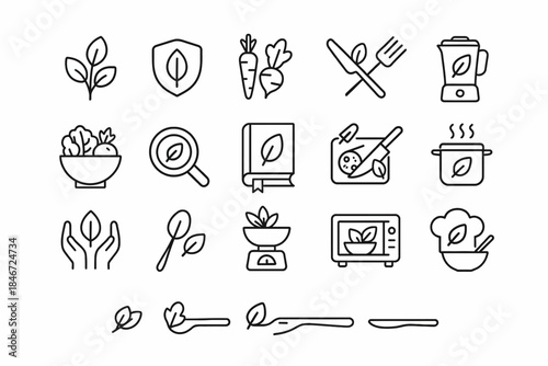 Collection of line icons: healthy food, cooking utensils, vegan ingredients