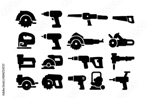 Silhouettes of various power tools: saws, drills, sanders, and more in black icons