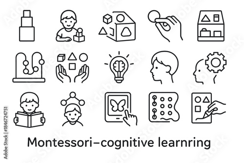 Montessori cognitive learning icons illustration with diverse activities for children