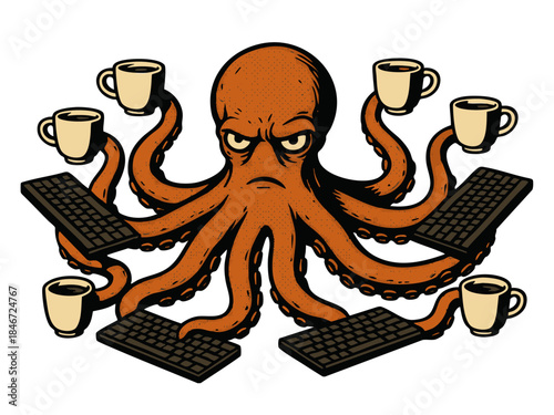 grumpy octopus using multiple keyboards and holding coffee mugs in each tentacle, symbolizing chaotic multitasking. Generative ai vector colorful pop art illustration.