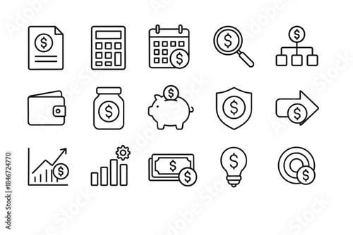 Finance icons: budgeting, savings, investment management symbols
