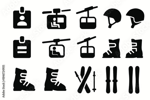 Ski equipment and lift icon set: helmets, boots, passes, and gondolas