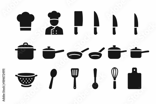 Silhouette icons of cooking utensils and chef hat in black
