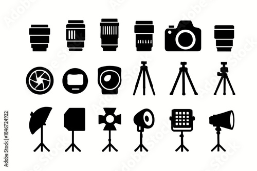 Camera equipment and accessories silhouettes including lenses, tripods, and lighting