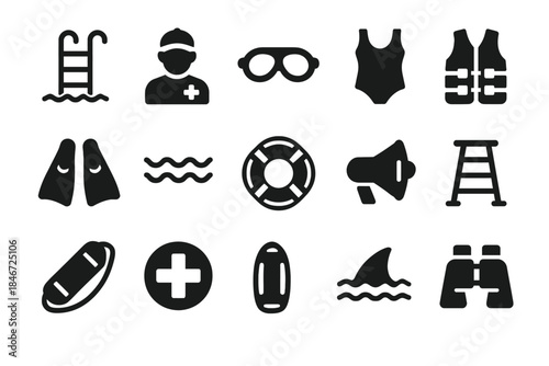 Collection of swim and lifeguard icons: safety, equipment, and activities