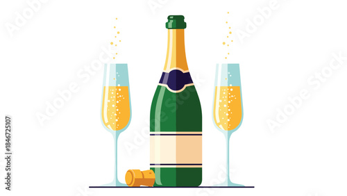 Celebratory champagne bottle with two filled glasses and a popped cork suggests a joyous occasion and festive atmosphere.