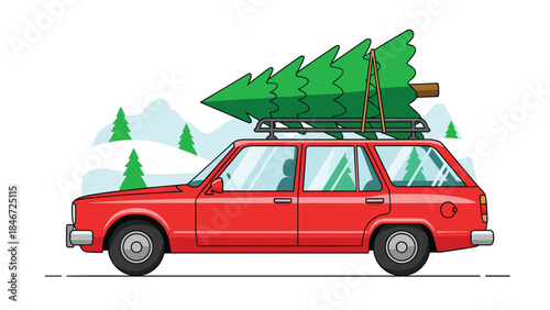 Red station wagon carries a freshly cut christmas tree on its roof rack through a snowy winter landscape.