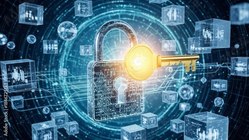 Digital Security Concept with Key and Lock Cybersecurity Data Protection Technology. Concept featuring digital security, cybersecurity, data protection, lock and key, technology.