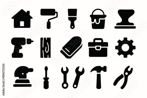 Black silhouette icons of home improvement tools and equipment