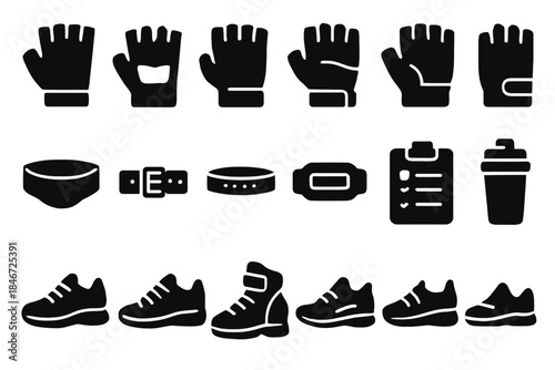 Black silhouette icons of sports gear: gloves, shoes, belt, water bottle, clipboard