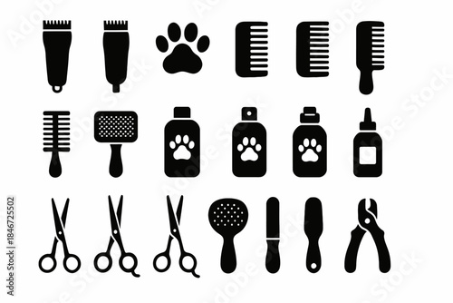 Essential dog grooming tools: clippers, brushes, combs, scissors, and paw care icons
