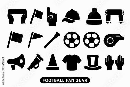 Football fan gear collection: scarves, flags, caps, vuvuzelas, balls, shirts, gloves