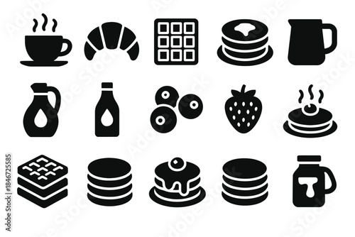 Breakfast icons: coffee, pancakes, waffles, syrup, berries, and more