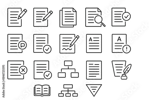 Icons of documents and writing elements including magnifying glass, pencil, and check marks