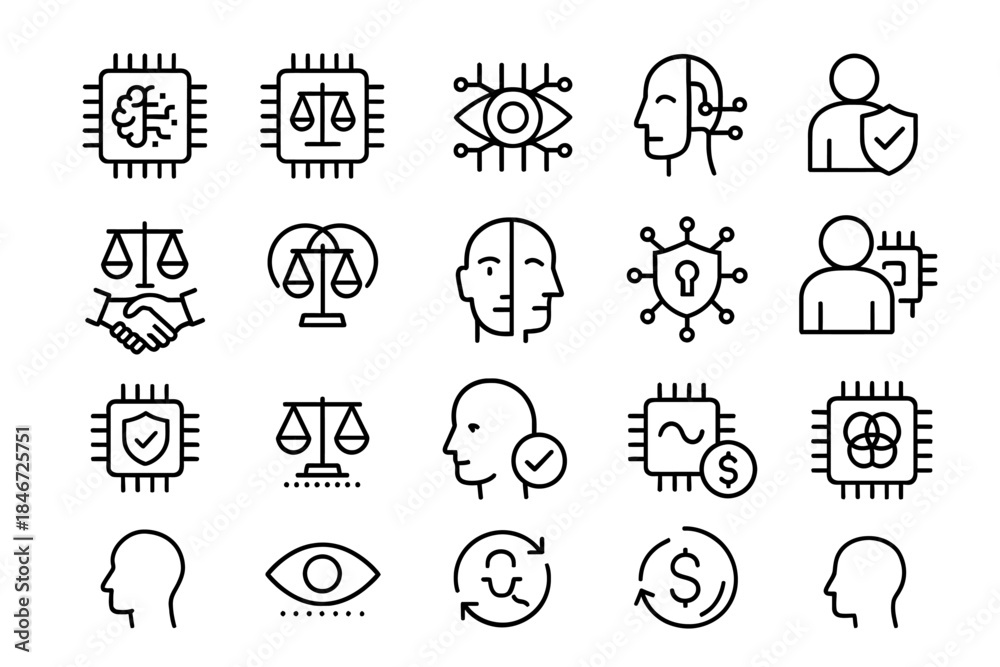 Fototapeta premium Artificial intelligence and cybersecurity icons: technology, innovation, protection