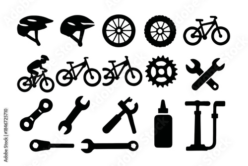 Bicycle equipment set: helmets, tools, and gear icons for cycling enthusiasts