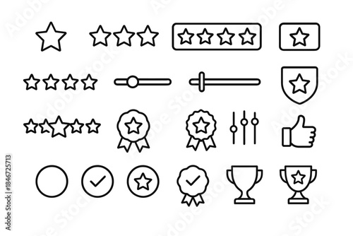 Collection of award and rating icons including stars, medals, and trophies