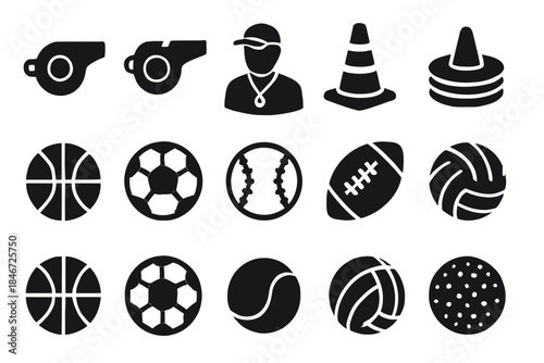 Sports equipment and referee icons: whistle, coach, cones, various balls
