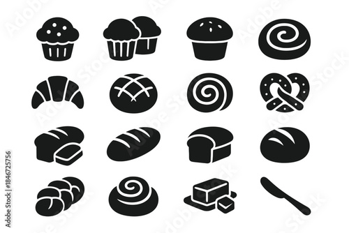 Variety of bread and pastry icons featuring muffin, croissant, and loaf
