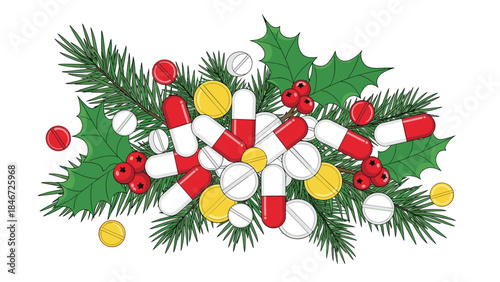Festive arrangement of various pills and capsules nestled amongst vibrant holly and pine branches, symbolizing healthcare during the holidays.