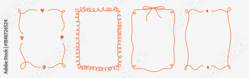 Vintage hand drawn Valentine’s Day frame set with whimsical lines, bows, hearts, and ribbons. Elegant coquette line art vector borders for greeting cards, posters, wedding and romantic invitations.