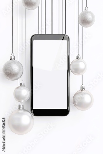 Smartphone with blank white display top view on Christmas decorations background.