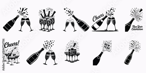 Champagne Bottle Pop Toast Celebration Vector Icon Set