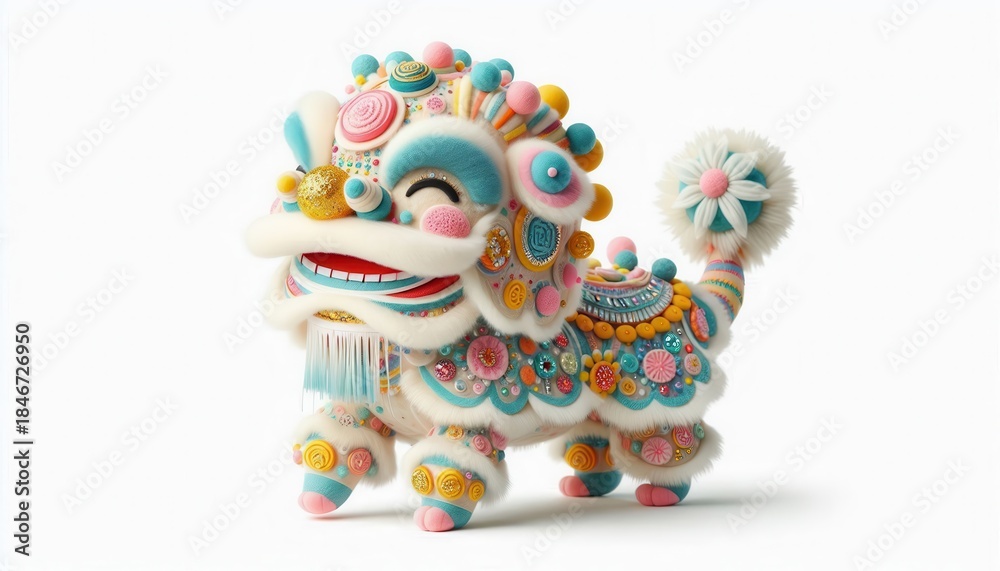 Fototapeta premium 3D cute cartoon red dancing lion illustration captures the joyful spirit of Lunar New Year celebration. Featuring a festive Chinese lion dance character, idea for greeting cards, holiday decorations