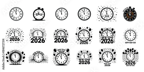 New Year 2026 Clock Countdown Icon Watch Vector Graphic Set