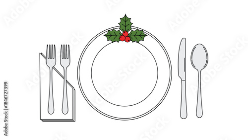 Festive table setting with a plate, cutlery, and a sprig of holly for a holiday meal or celebration.