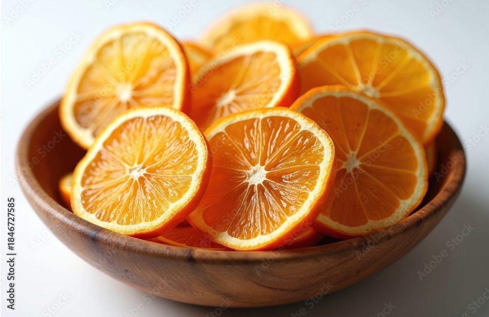 Fototapeta premium Close up of dried orange slices in a wooden bowl. Bright citrus pieces show texture and juicy segments. These colorful fruit halves are perfect for decoration or cooking ingredients.