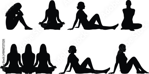 e Body Outline Graphic Elements Yoga WellnessWomen Silhouettes Vector Set Seated Meditating Lotus Pose Reclining Figure Relaxing Postures Female Body Outline Graphic Elements Yoga Wellness