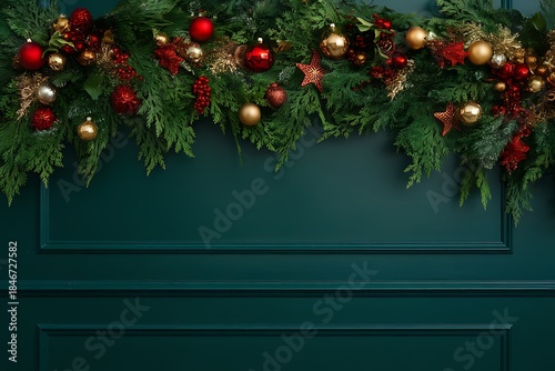 christmas tree decoration Holiday Christmas greeting frame with gifts and ornaments on green background, festive winter flat lay top view
