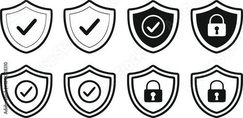 A collection of shield icons representing security, protection, and verified status in various styles