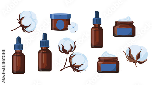 Collection of natural skincare products with cotton flower elements, including dropper bottles and cream jars, for beauty and wellness concepts.
