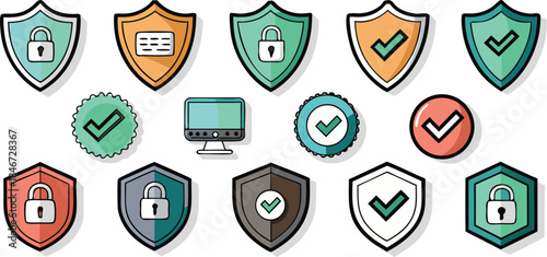 Various security and protection icons in flat design for digital safety and verification purposes
