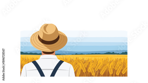 Farmer stands in a golden wheat field looking towards distant blue hills under a bright sky.