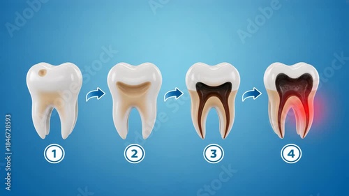 The four step decay chart from small enamel mark to deep pain area, showing progression of tooth decay or sensitivity in clear medical stages
