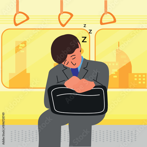 Exhausted worker sleeping on train after work