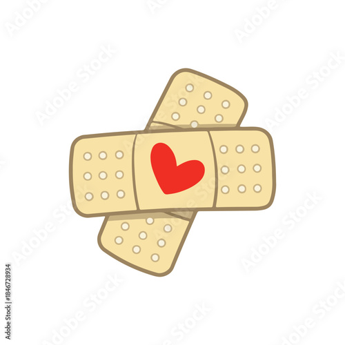 Simple illustration of two adhesive bandages, one featuring a red heart design