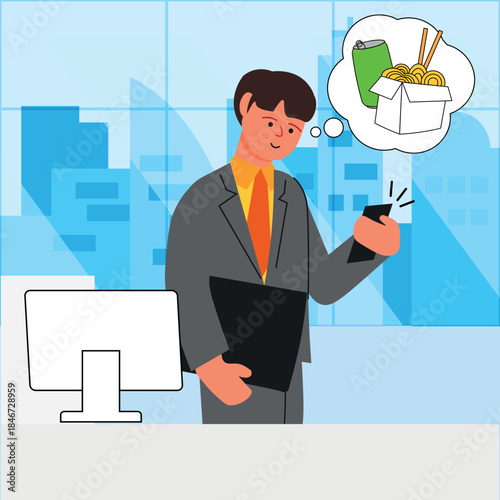 Male employee searching for food online after work