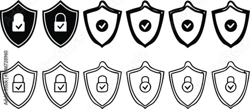 Collection of digital security shield icons with checkmarks and padlocks for data protection